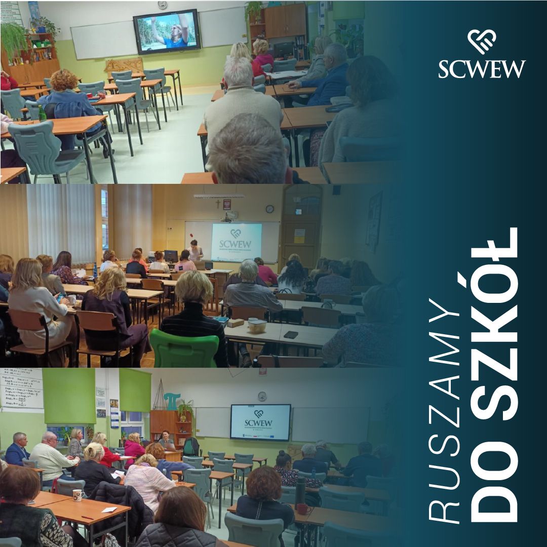 Kolaż zdjęć ze szkoleń SCWEW z napisem „Rusza my do szkół”.