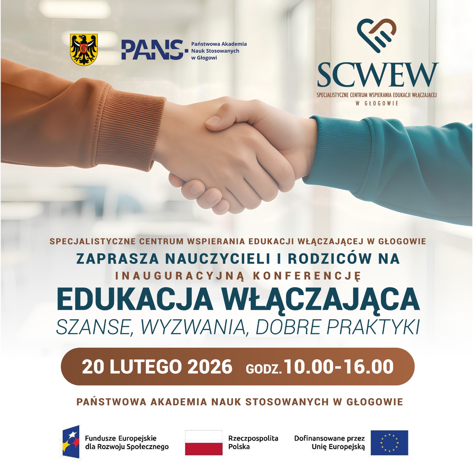 akat konferencji SCWEW w Głogowie: „Edukacja włączająca — szanse, wyzwania, dobre praktyki”, 20 lutego 2026, godz. 10:00–16:00, Państwowa Akademia Nauk Stosowanych w Głogowie.